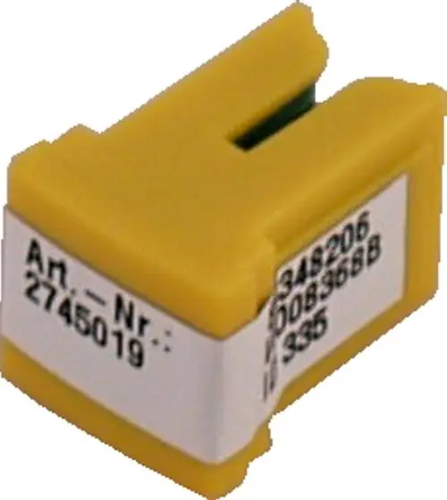 Gelber Parameterstecker mit einer seitlichen Markierung, geeignet für die Wolf COB-20 Platine. Identifikationsnummer auf dem Aufkleber abgedruckt.
